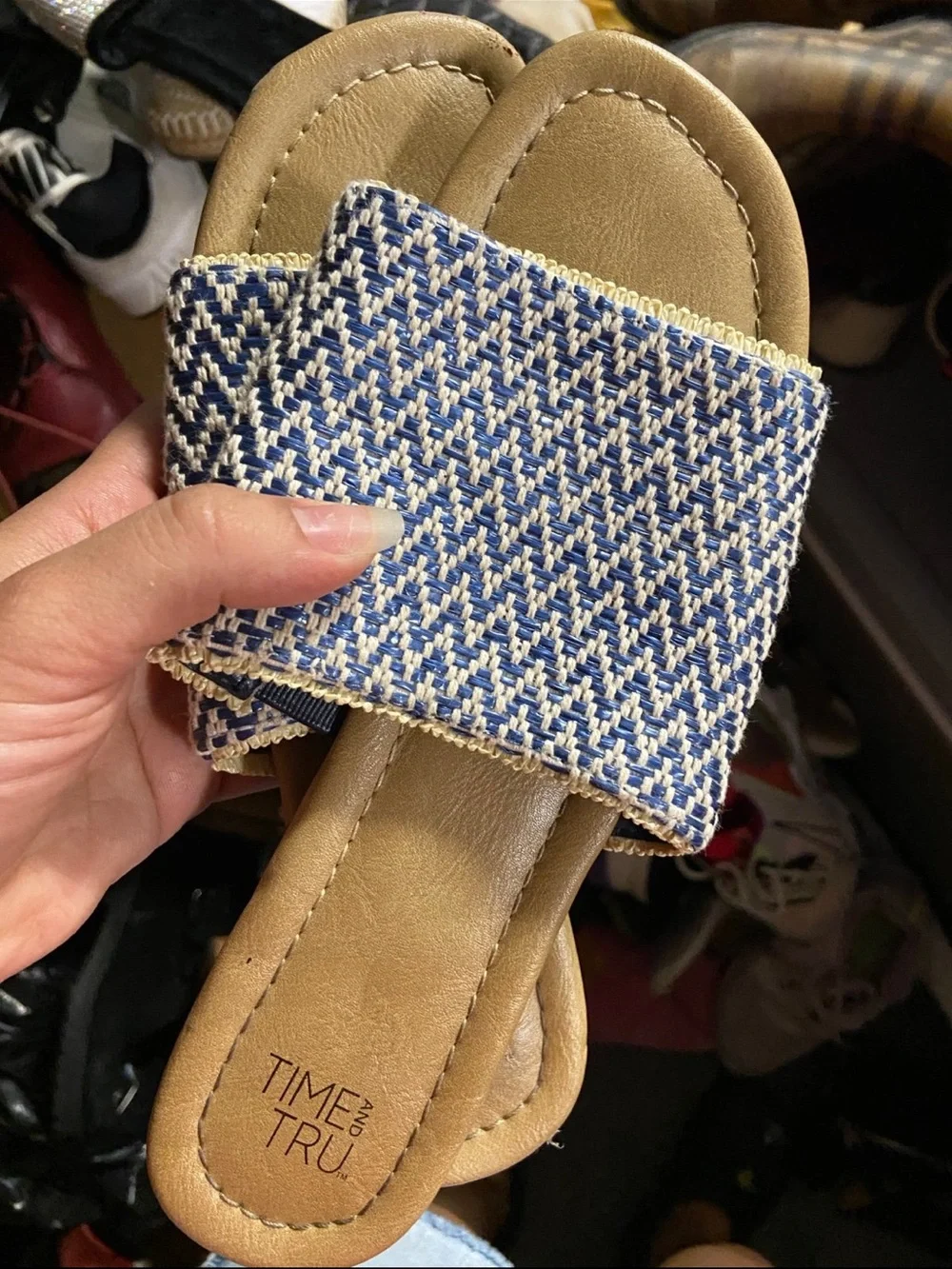 Time and Tru Blue and Tan Woven Slide Sandals